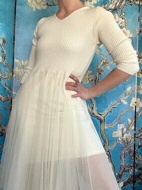 Cream tulle layered midi ribbed sweater dress